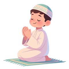 Young Muslim boy praying on prayer mat with traditional clothing