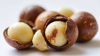 Close-up shot of fresh macadamia nuts in their shells, some opened to reveal the creamy white kernel, on a white background.