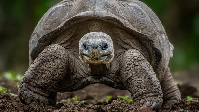 A large, ancient tortoise gazes directly at the viewer, showing its textured face and shell