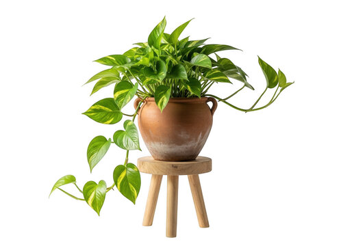 A potted plant with trailing vines on a small wooden stand against a white background. isolated on transparent background