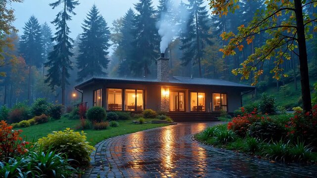 Cozy cabin in autumn forest with smoke