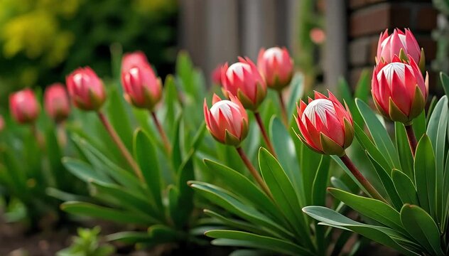A backyard garden filled with mature protea plants bearing multiple colorful blooms 