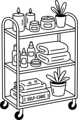 Self care products on a three tiered cart with towels and plants