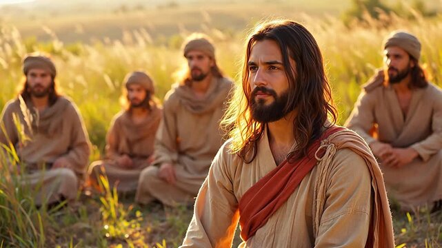 Man with long hair and beard sitting with others in field