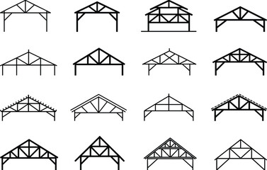 Architectural roof truss silhouettes collection showing wooden structural frames for house barn pavilion construction engineering design elements technical blueprint vector illustration set © Creative Vector