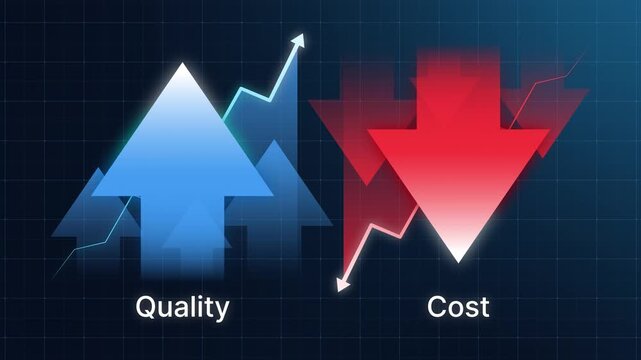 Quality control and company cost reduction concept. Successful business strategy and management. Neon glowing up and down arrow with line graph symbolizing efficiency improvement