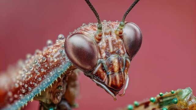 Colorful praying mantis in vivid macro shot displaying delicate features expressive eyes and striking posture against soft pastel background