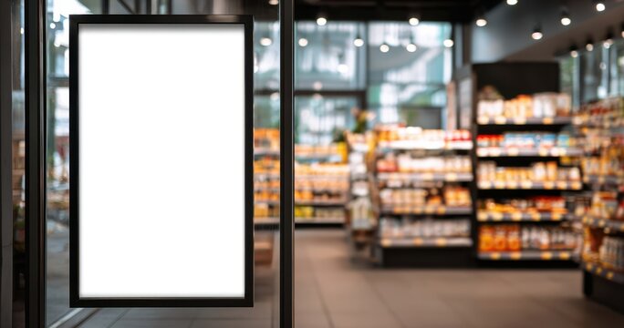 The blank poster at supermarket entrance showcasing empty advertising space and blurred aisles