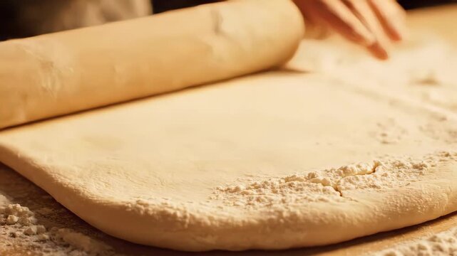 Close-up of hands rolling out dough with a wooden rolling pin. Baker preparing pastry on a floured table. Homemade cooking concept