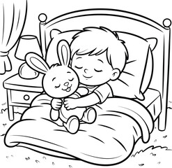 A child hugging a bunny stuffed animal while sleeping in bed at night