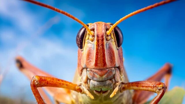 Front view macro of orange grasshopper perched outdoors under blue sky revealing symmetrical features and natural beauty in sharp focus