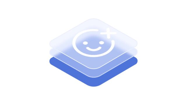 Isometric smiley face icon with layered design on transparent background