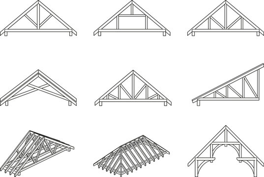 Roof truss construction diagrams set showing wooden framing structures line art technical illustration isolated on white background architectural engineering building design concept