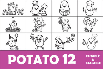 Obraz premium Cute Cartoon Potato Character Funny Scene, Happy Vegetable Mascot Line Vector Illustration