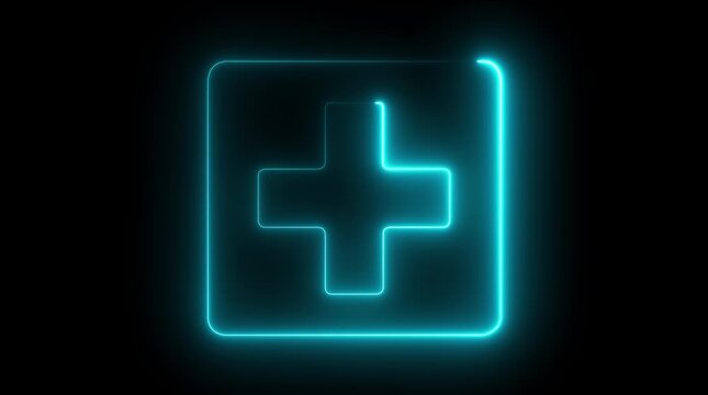 Neon glowing plus symbol icon simple positive plus icon animation with square, rectangle icon on black background. Glowing Business counting add motion.