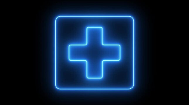 Neon glowing plus symbol icon simple positive plus icon animation with square, rectangle icon on black background. Glowing Business counting add motion.