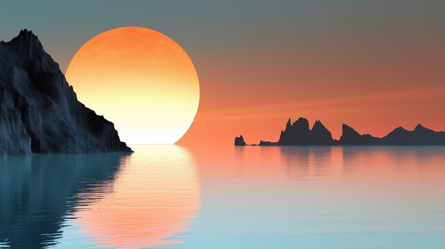Surreal alien landscape with a giant sun setting over a calm ocean and rocky islands.