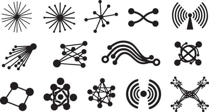 Black and white molecular structure icons and symbols set