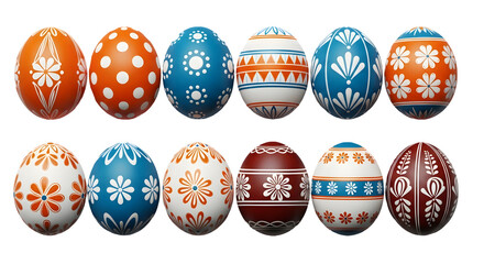 Easter eggs decorated with various patterns isolated on transparent background