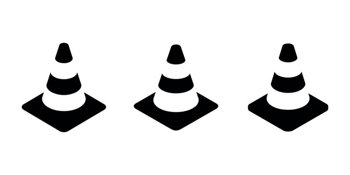 Traffic cone vector icon set, three simple road safety symbols in black and white stripes, isolated warning signs on background