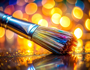 Fototapeta premium A paintbrush with a rainbow of colors on it. The brush is on a table with a shiny surface