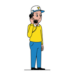 Obraz premium Cartoon man talking on a phone with a friendly expression.