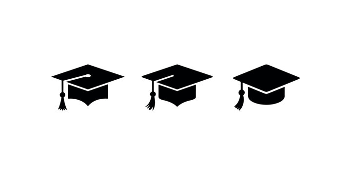 Three distinct black silhouette icons of academic graduation caps or mortarboards with tassels representing education achievement success and ceremony