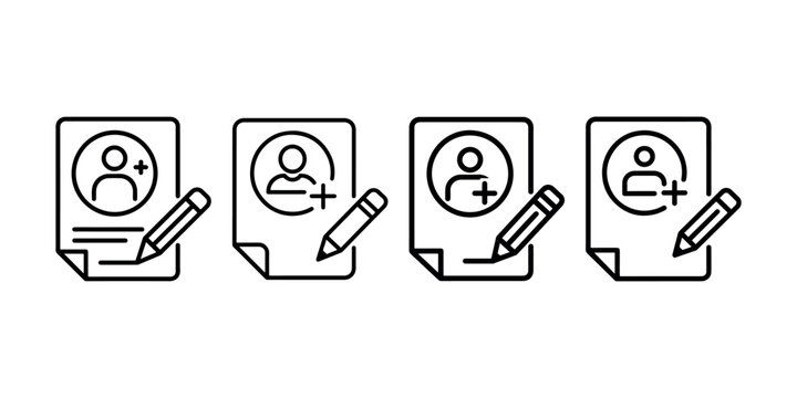 Account icon set. user sign up icon, registration icon, login, new account plus icon, profile, personal data, edit account icon