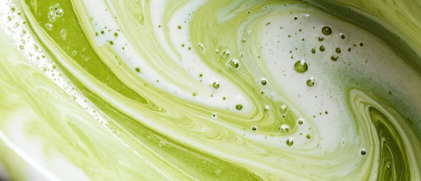 The green liquid swirl of creamy matcha paint creating an abstract marble background