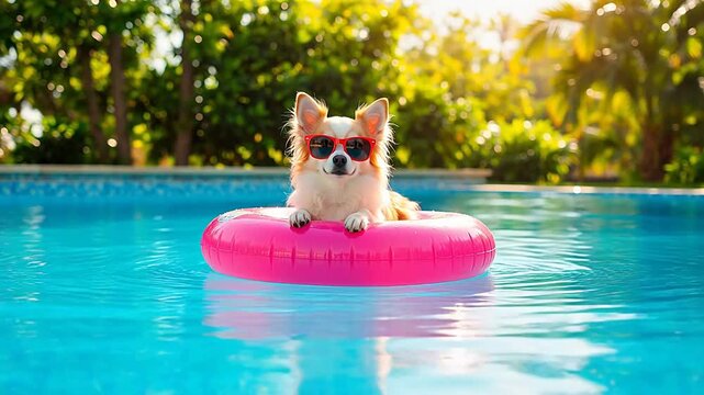Dog in pool with floatie and sunglasses