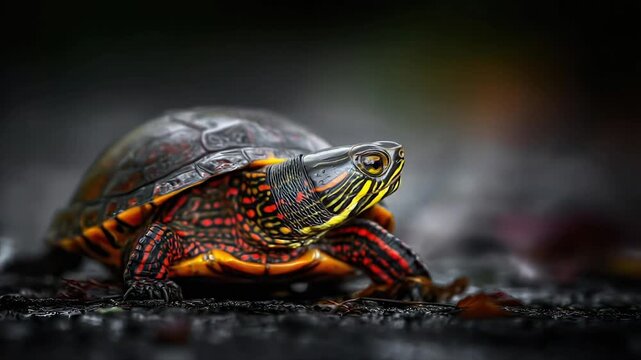 A vibrant turtle with an orange, yellow, and red pattern on its shell and neck