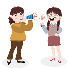 Vector Illustration: Joyful Women Celebrating Success with Party Popper & Sparkler for Business Marketing