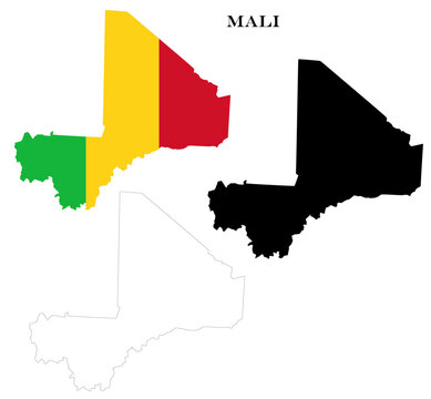 Mali Country Maps Bundle with National Flag, Black Silhouette and Detailed Outline Contours