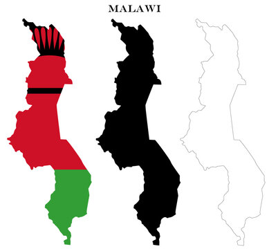 Malawi Country Maps Bundle with National Flag, Black Silhouette and Detailed Outline Contours