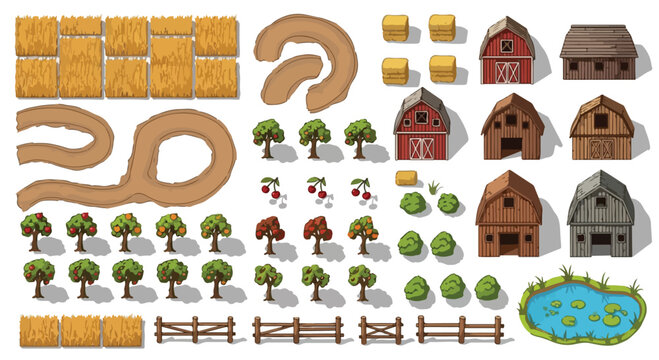 Isometric vector farm building and landscape elements set, including red barns, wooden fences, hay bales, green trees, bushes, and a pond, isolated on a white background for game design or map