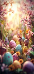 Obraz premium Little bunnies finding colorful Easter eggs in spring garden. Cute bunnies celebrating Easter surrounded by decorated eggs and blooming cherry blossoms