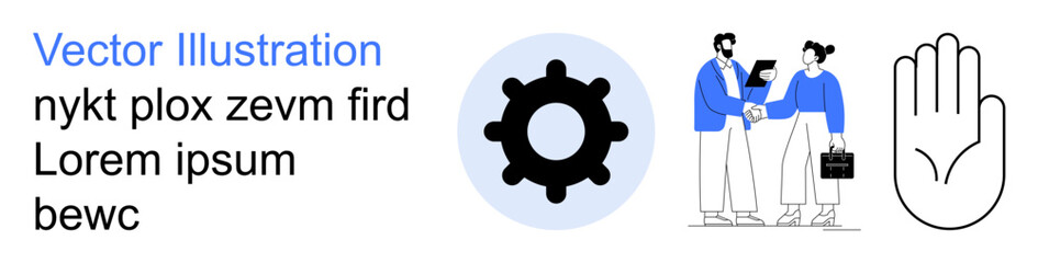 Fototapeta premium Business partnerships, teamwork, technology innovation, communication, problem-solving, collaboration. a handshake, gear icon and a hand. Business partnerships and teamwork concepts