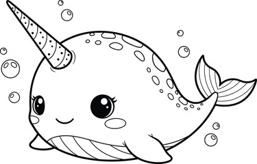 Cute cartoon narwhal illustration with bubbles, adorable marine animal character design, playful black and white vector artwork for children themes © Asha Moni