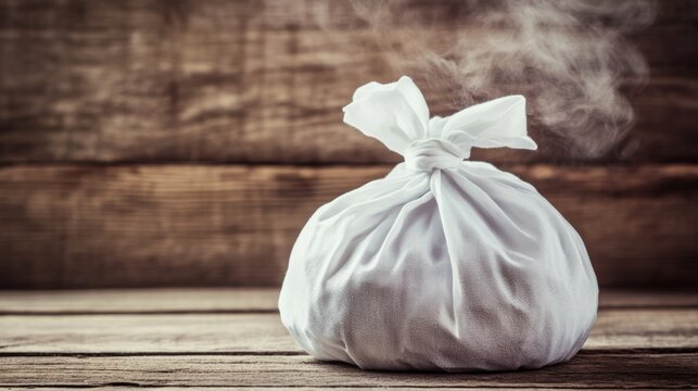 A white bag with a white ribbon tied around it is sitting on a wooden surface. The bag is filled with something that is emitting steam, giving the impression of a hot, steaming object