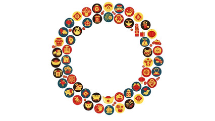 Fototapeta premium Colorful circular arrangement of diverse icons forming a ring on a plain white background from a straightforward viewpoint
