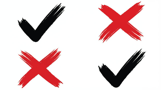 Brush stroke checkmark and cross symbols in red and black on white background