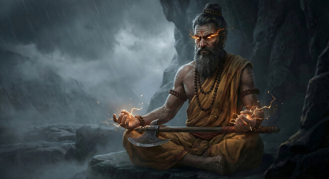 Realistic Lord Parashurama Meditation in Cave &ndash; Spiritual Hindu Art
