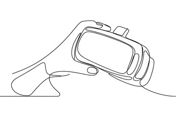 Fototapeta premium Hand holding VR headset continuous line art white background modern technology concept