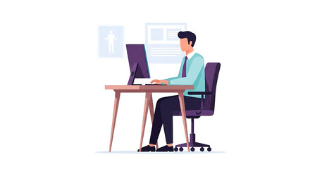 Office Employee Working on Desktop Computer at Workspace Flat Vector Illustration.