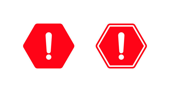 Red hexagon warning icon. Exclamation alert symbol. Caution mark and hazard sign