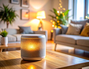 A small white speaker is sitting on a wooden table. The speaker is lit up and is surrounded by a light