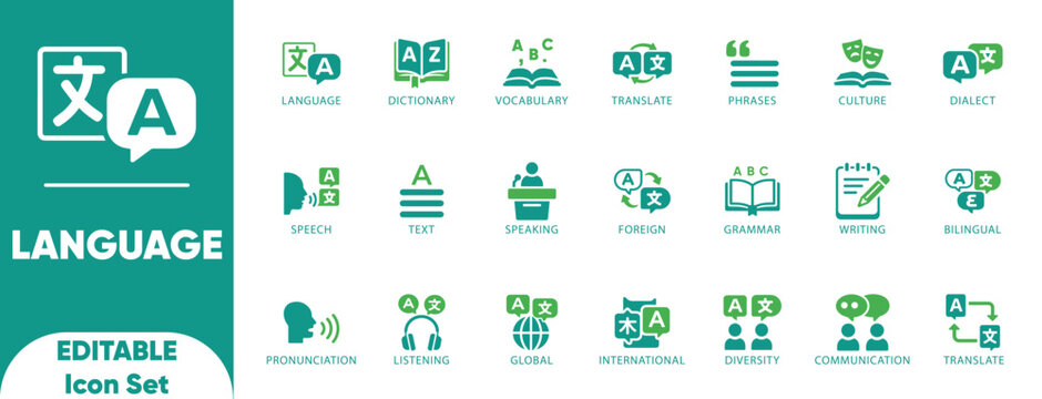 Language Solid icon set. dictonary, global, diversity, grammar, vocabulary, writing,  non, translate, language, listening, speaking, and editable icons.