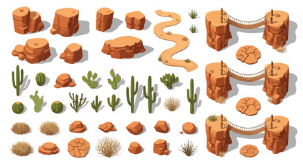 Isometric vector desert landscape elements set with orange sandstone rocks, green cacti, dry bushes, and a winding dirt path, isolated on white background.