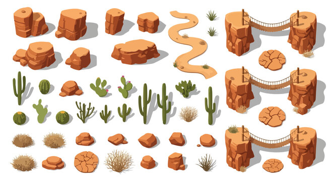 Isometric vector desert landscape elements set with orange sandstone rocks, green cacti, dry bushes, and a winding dirt path, isolated on white background.