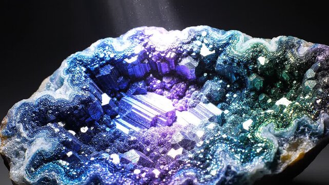 4K video of a beautiful crystal geode with vibrant blue and purple colors